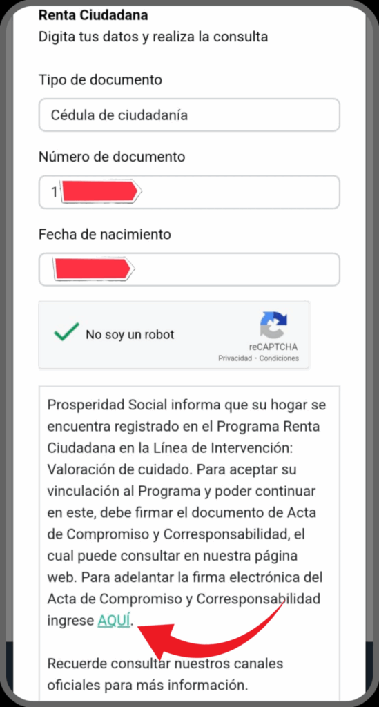 Pantallazo consulta Renta Ciudadana